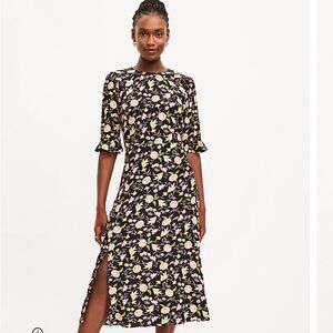LOFT Floral Ruffle Sleeve Midi Dress